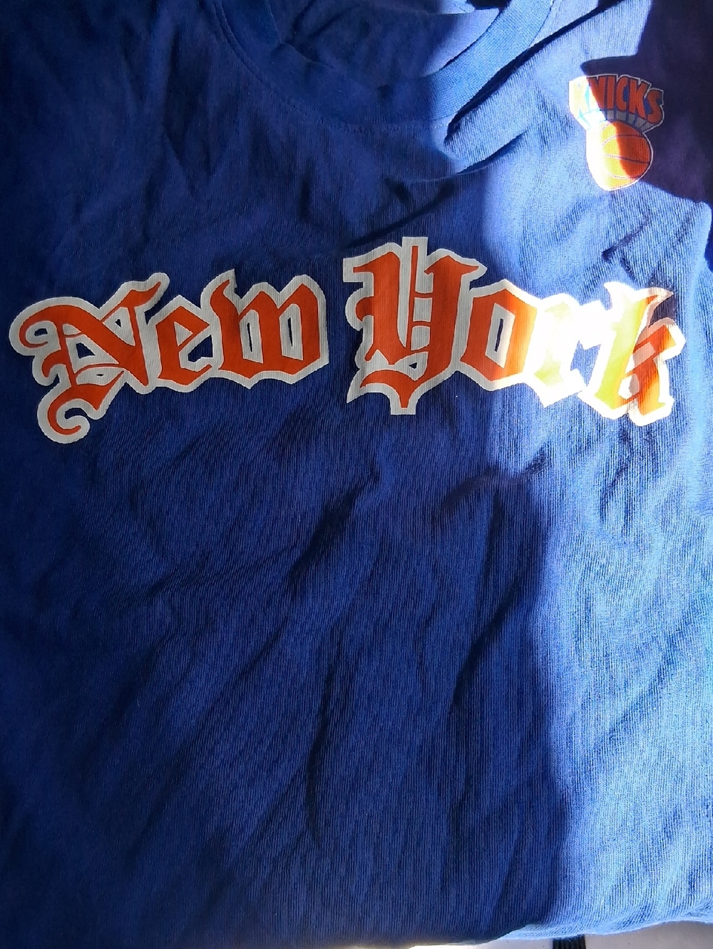 Mitchell & Ness Royal Blue Tee with Orange and White Graphics Knicks Old English